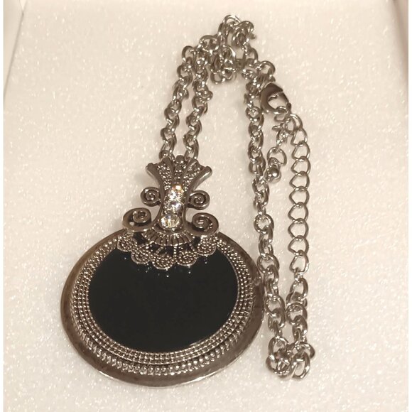 Vintage-Inspired Silver-Tone Pendant Necklace With Black Enamel & Rhinestone Acc - Picture 1 of 4